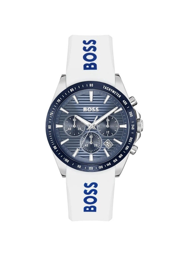 Hugo Boss Strike Men’s Watch 1514238 – Blue Dial, White Silicone Strap, Chronograph, 50M Water Resistant